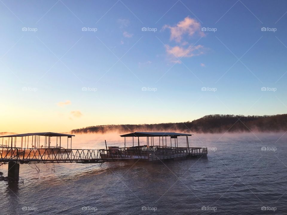 Cold weather fog on lake 