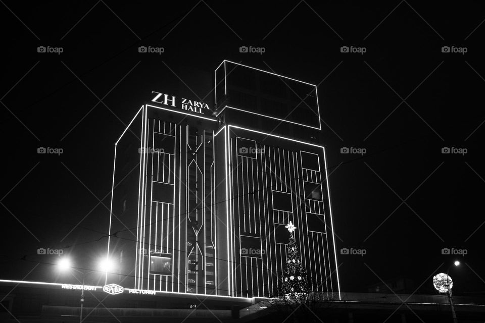 night city building black and white