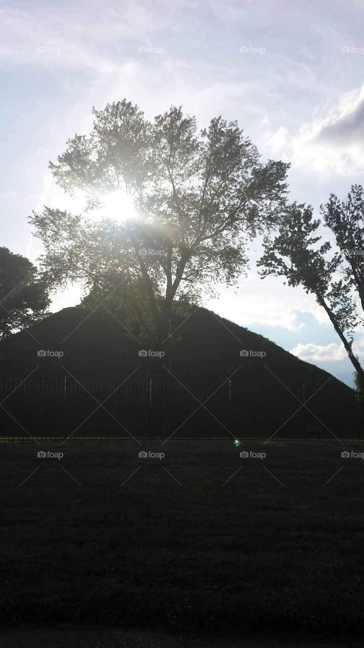 sun shining through the Grave Creek Mound State Park