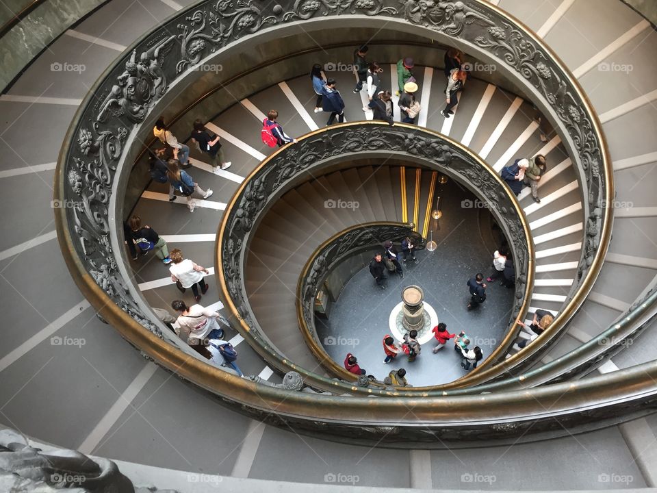 A long spiraling staircase with large steps, found in Italy. 