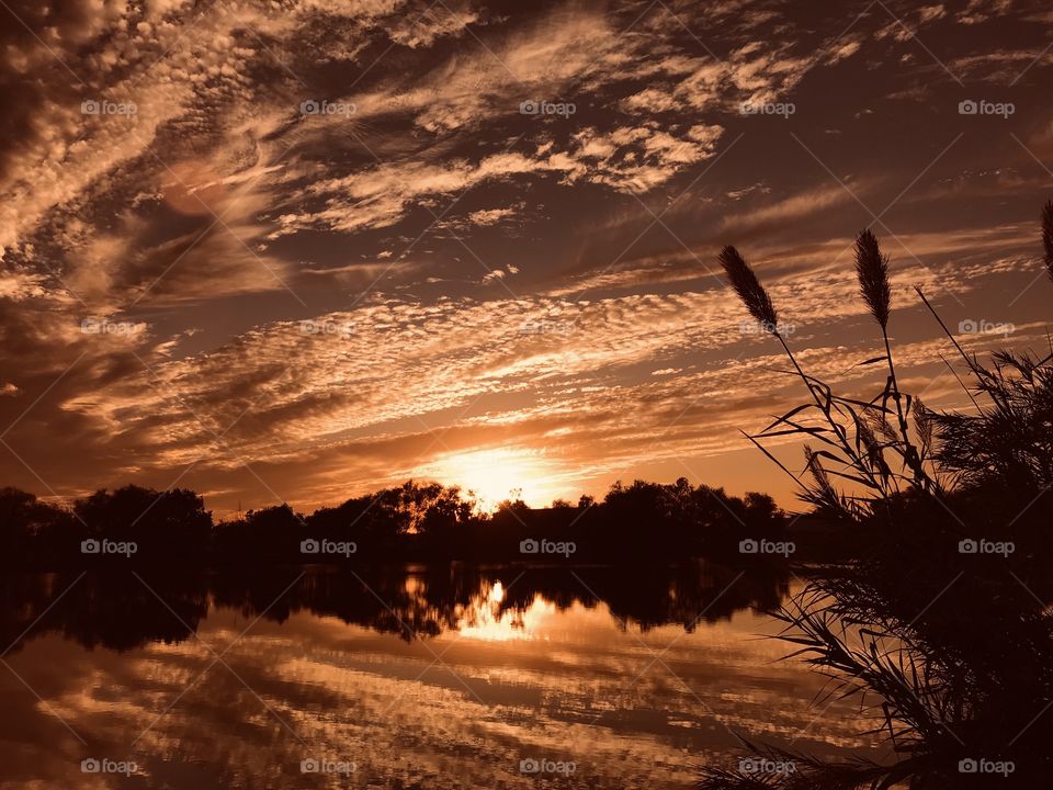 This Powerful Landscape photo of the Lakebed reflections from Sky to being Painted to Lake Water. The Gorgeous Multiple Colors that have been matted to the waters. The falling sun to the Horizon.