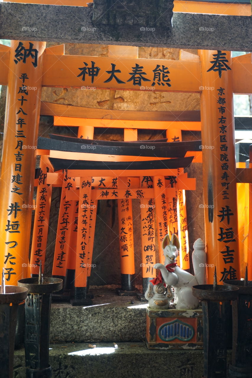 Vermillion torii  gates  of fushimi inari shrine following the tori path with a fox statue watching progress of travellers 