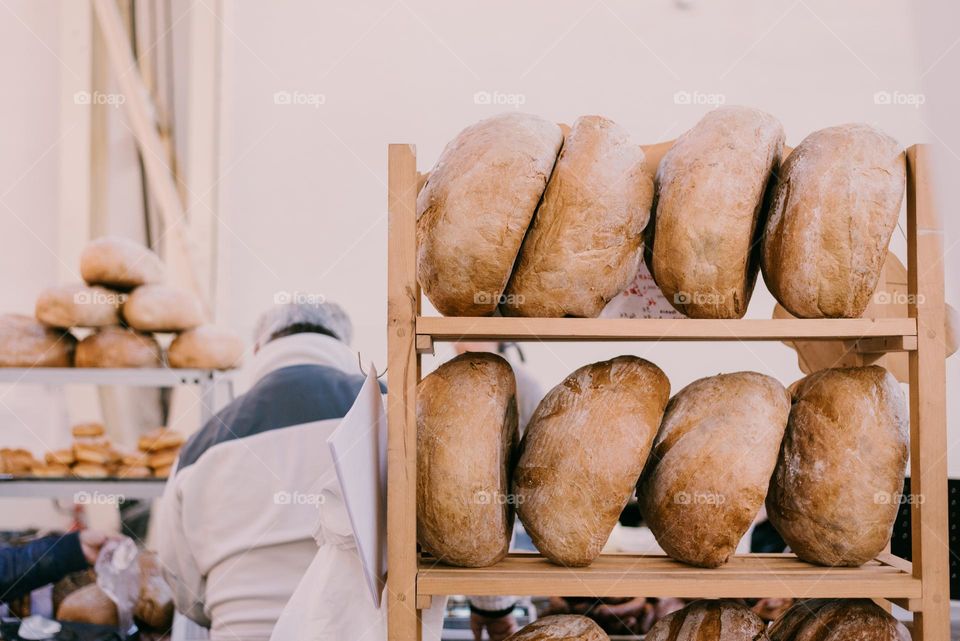 Big loafs of bread at a local bakery. 
