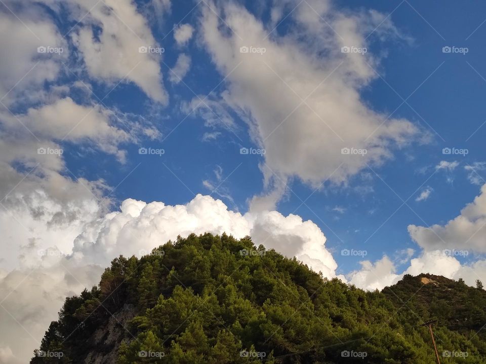 Beautiful simphony captured between the bright blue sky, white clouds and green trees on a hill / stunning clouds and bright colours