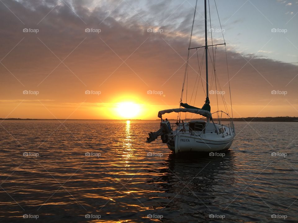 Sunset, Water, Sea, Ocean, Sailboat