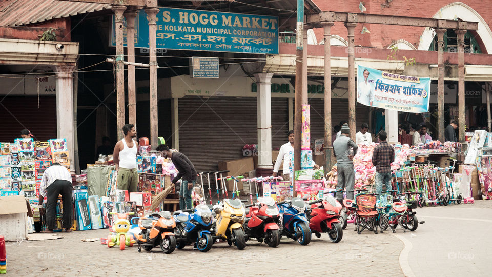 New Market, Kolkata, December 2, 2018: Flea market with of toy cars for display outside in Hogg Market also called New Market during Christmas festival..