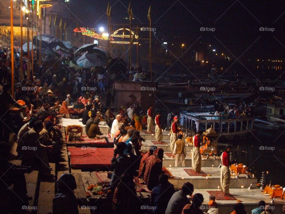 Night celebration. Ganges bank. Varanasi. India