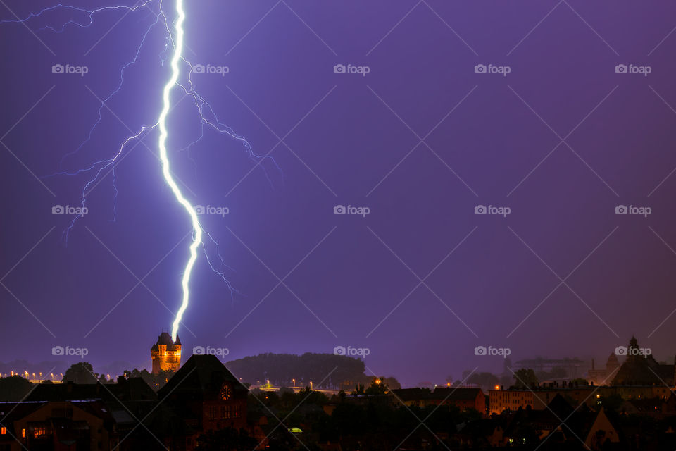 Lightning strikes the Nibelungenturm in Worms, Germany.