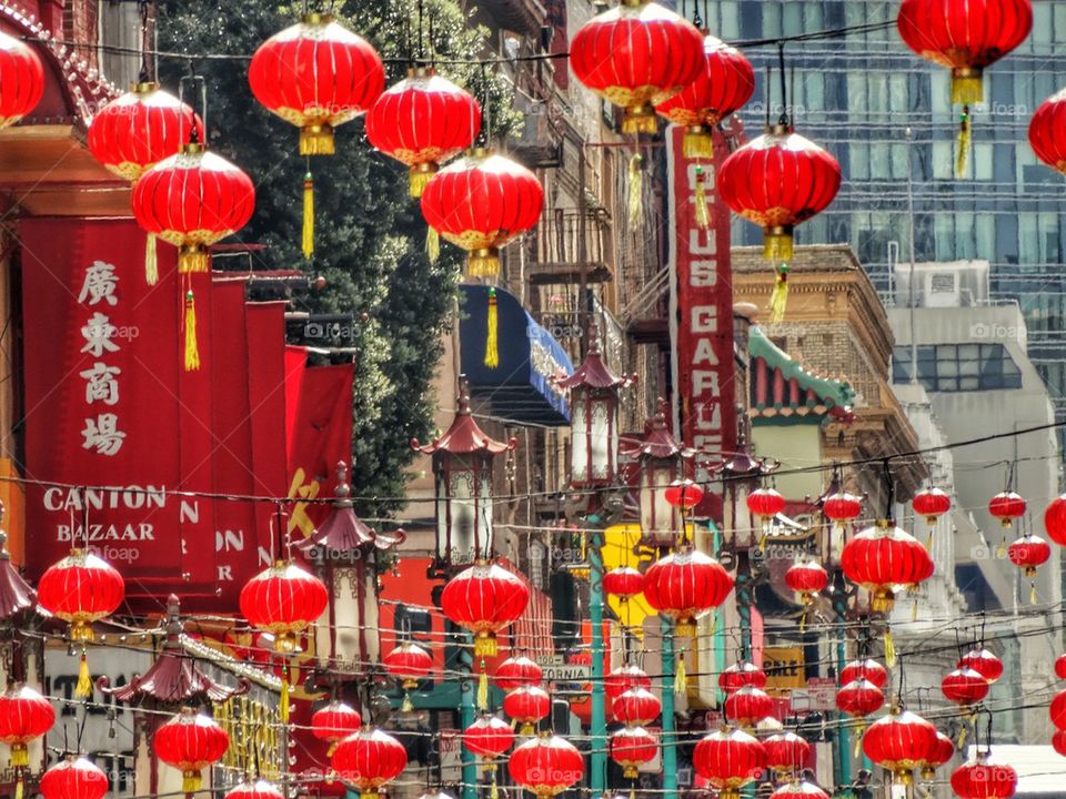 Chinatown Street Full Of Red Paper Lanterns. Chinese New Year Decorations
