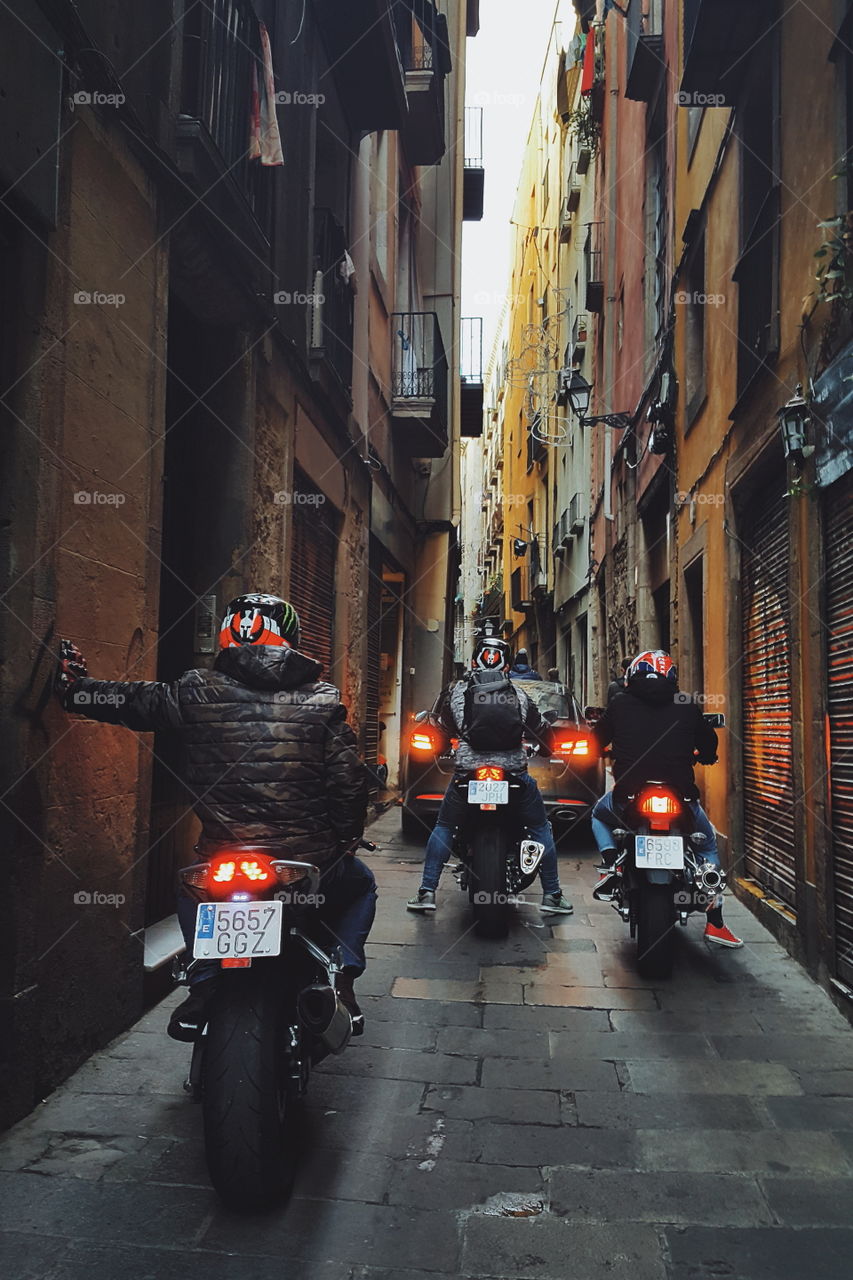 traffic on a narrow Gothic district street, Barcelona