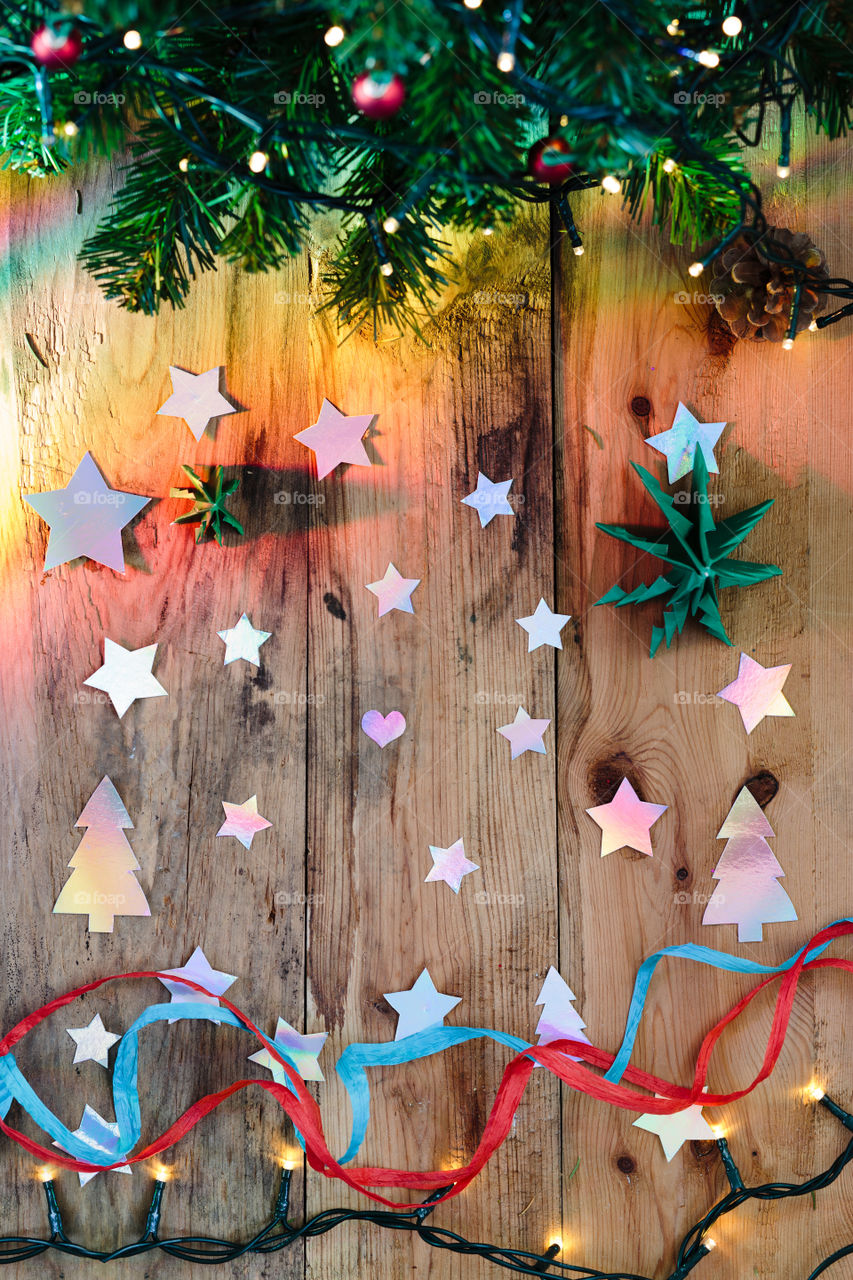 Christmas decorations with tree, stars and lights