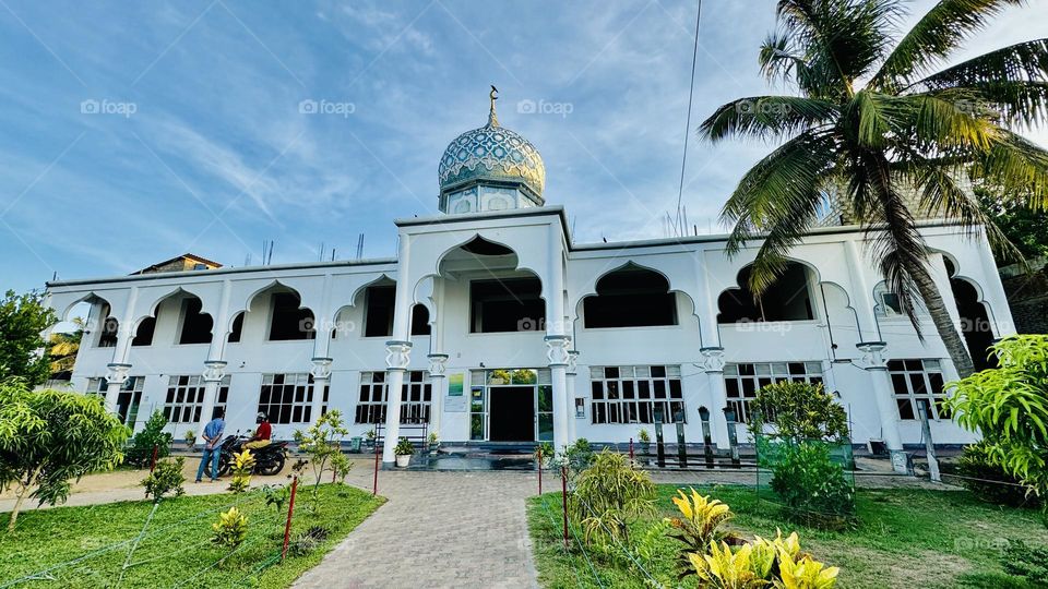 Description:
A peaceful white mosque with a blue mosaic dome, arched windows, and surrounded by green plants and coconut trees. The clear sky adds to the calm and serene atmosphere. Beautiful Grand Masjid in Mutur, Sri Lanka