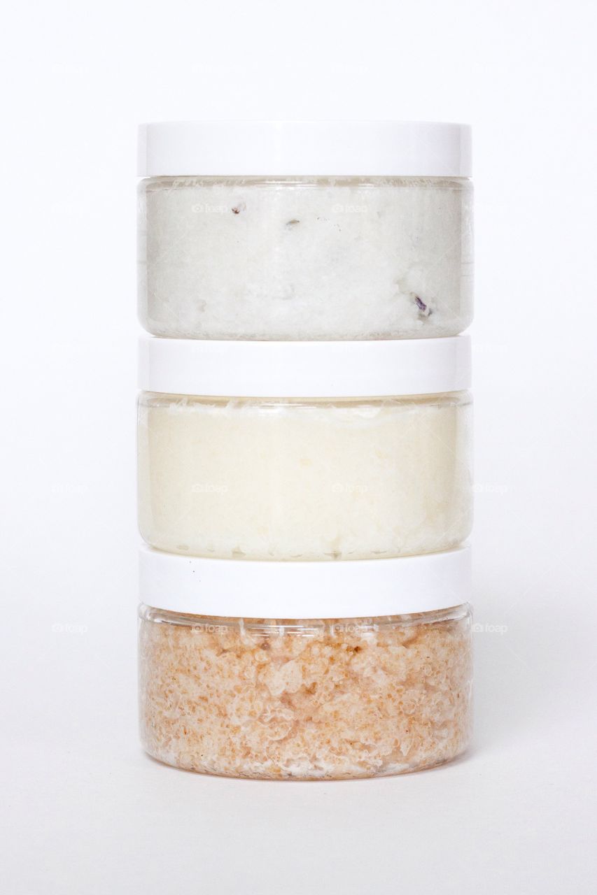 Vertical stack of hand made bath scrubs