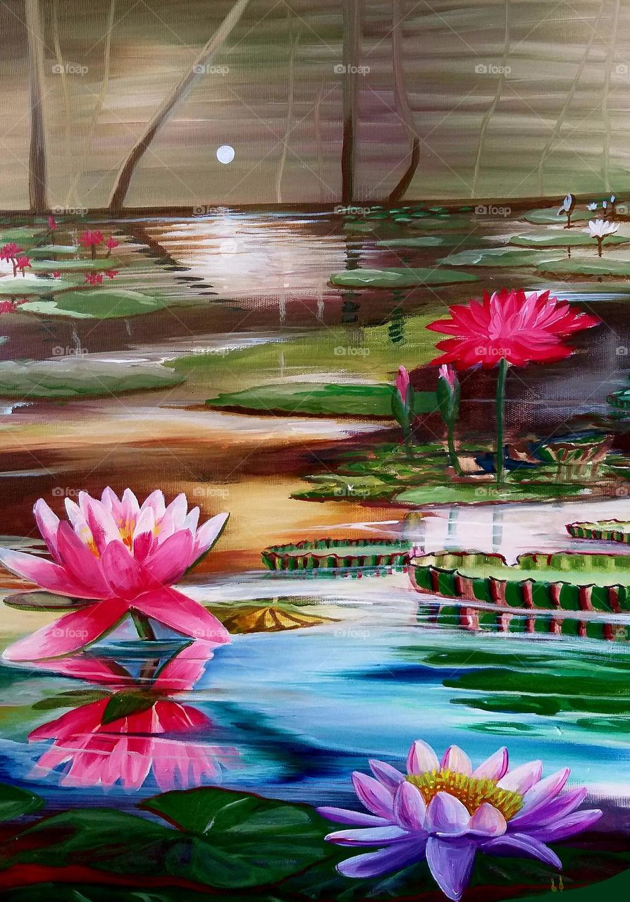 Painting of lotuses on canvas. It symbolizes good inheritor luck. #Nelumbo Nucifera  #canvaspainting  #picture of canvas