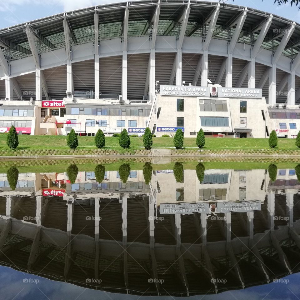 National Arena Filip 2 Skopje, Mirror view in the lake