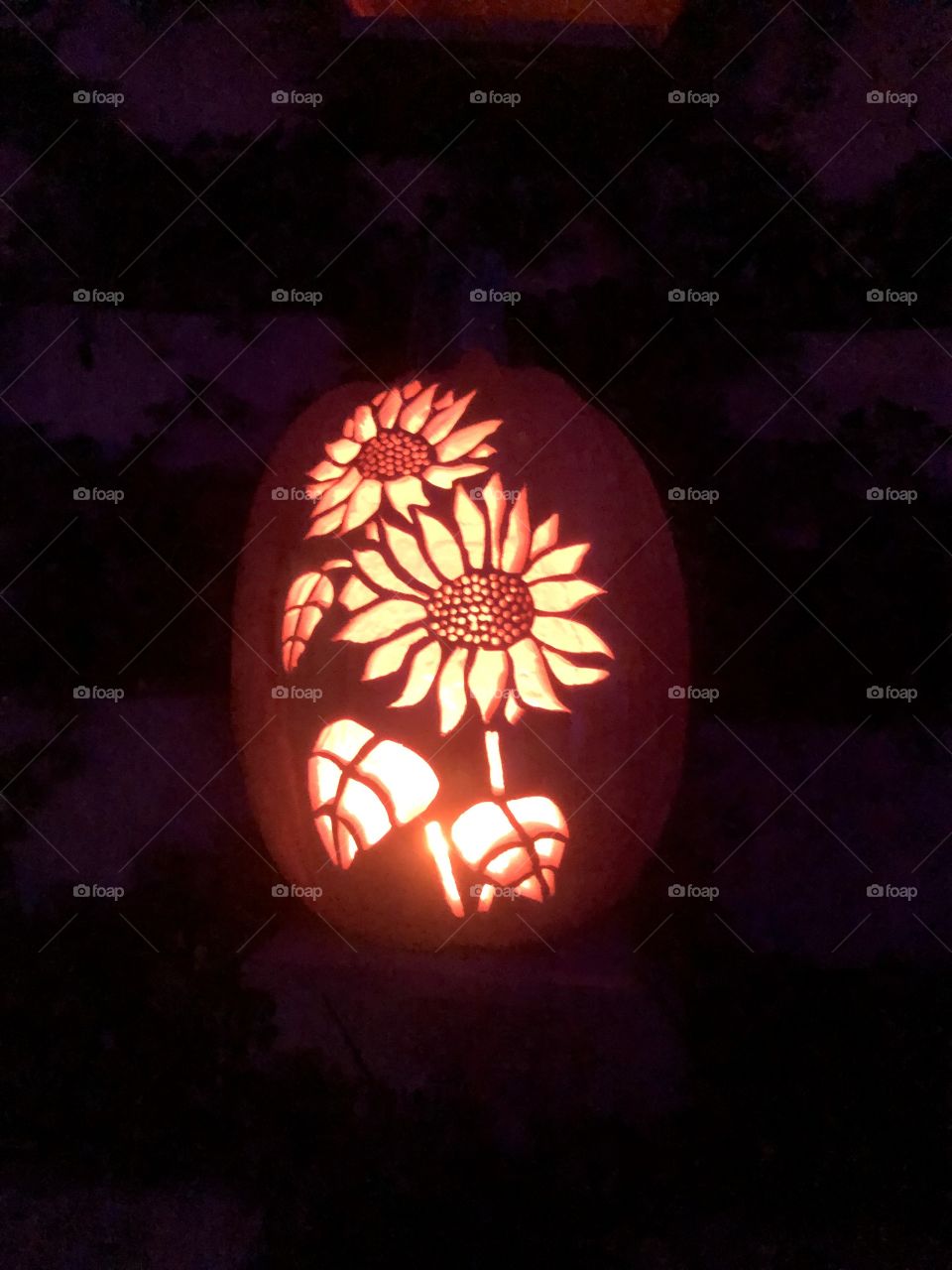 Sunflowers carved into pumpkin 