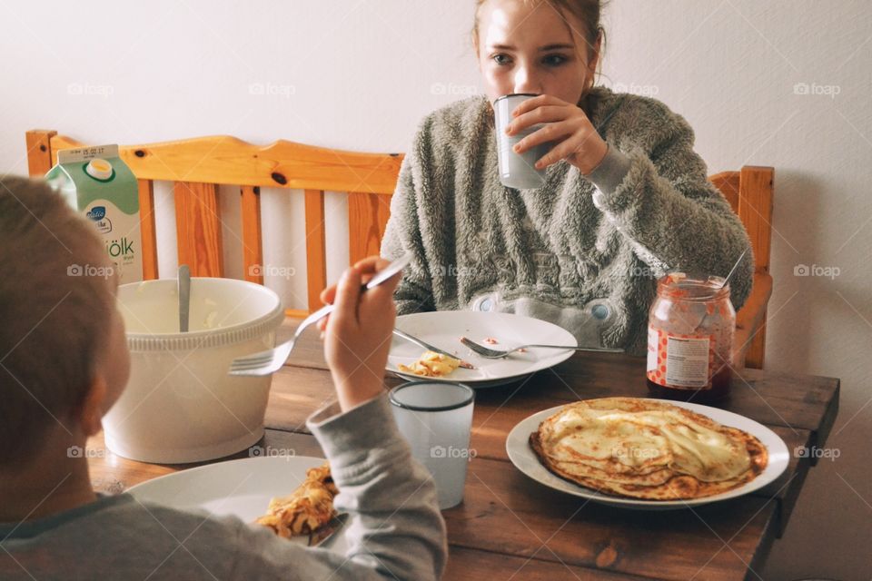 Eating pancakes