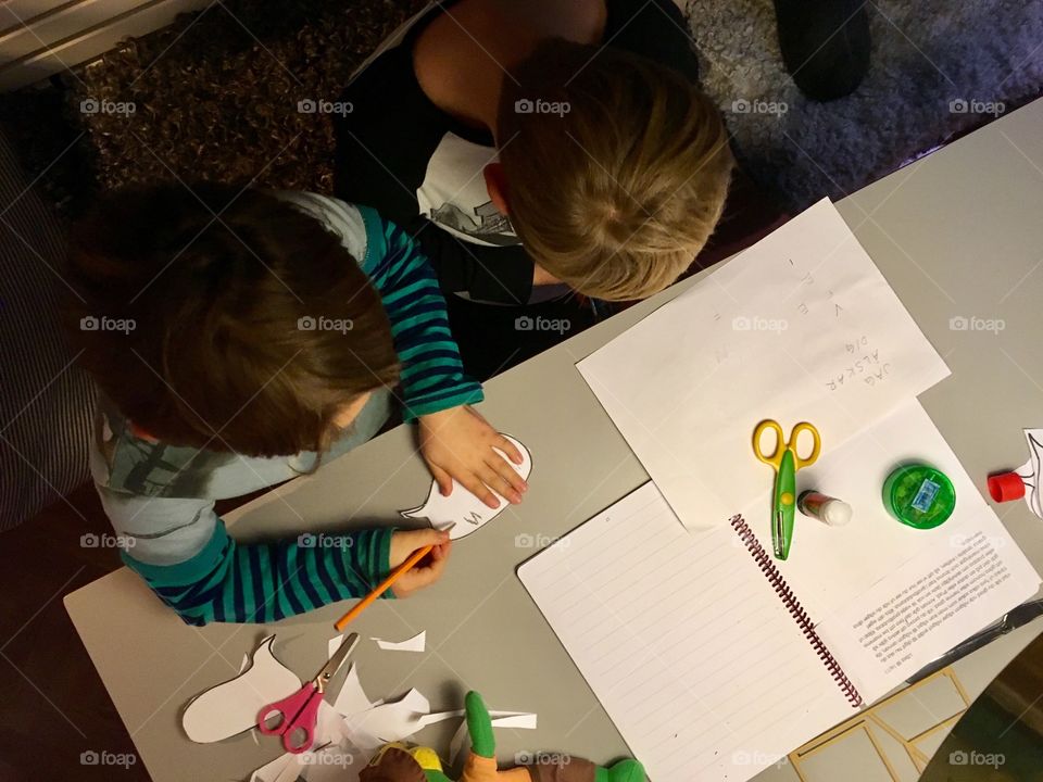 Two brothers doing homework, from above