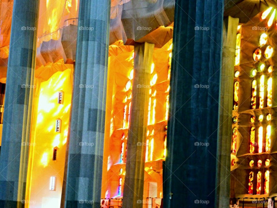 Passion Sunset Light. Sunset strand in through the Passion Facade at Sagrada Familia