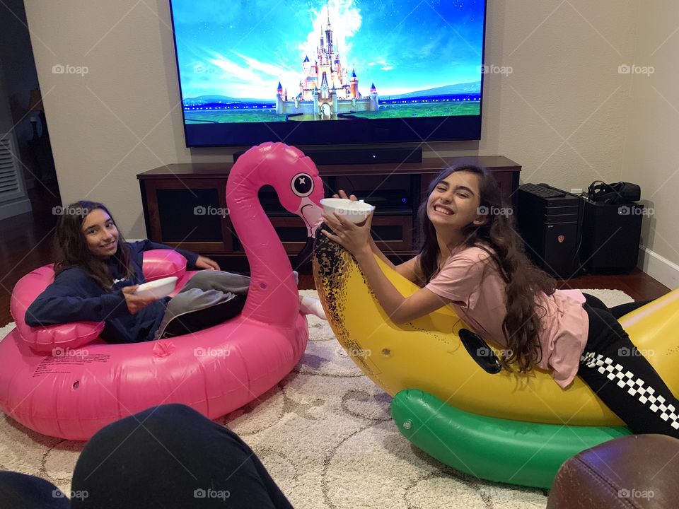 When it’s too cold still for the pool, you play on the floats while watching a movie indoors.  