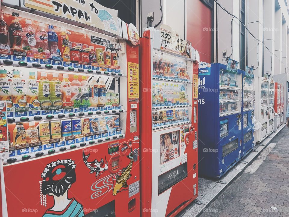 japan tokyo street view vending machine red soda can drinks vibrant red colourful