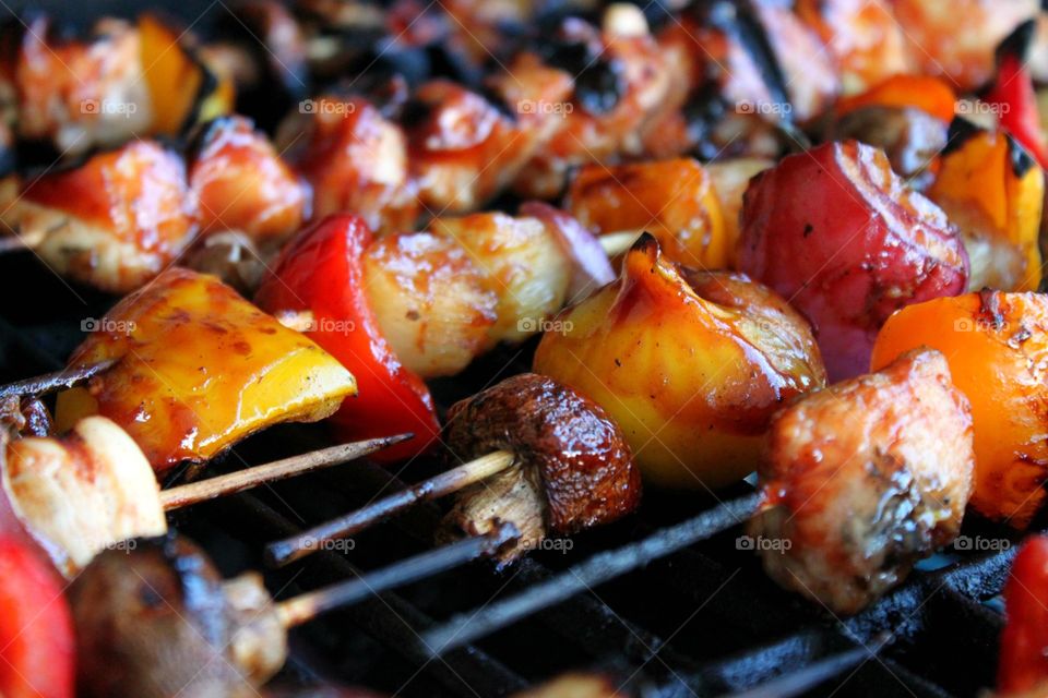 Close-up of kebab on the grill
