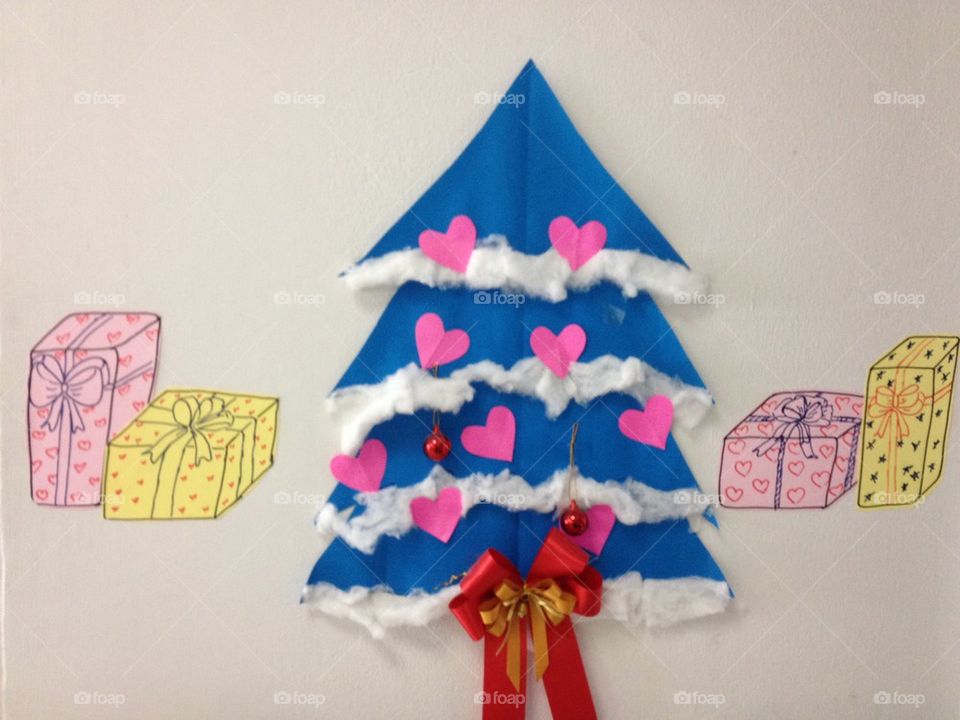   Pink Love hearts on Merry Christmas tree art on wall