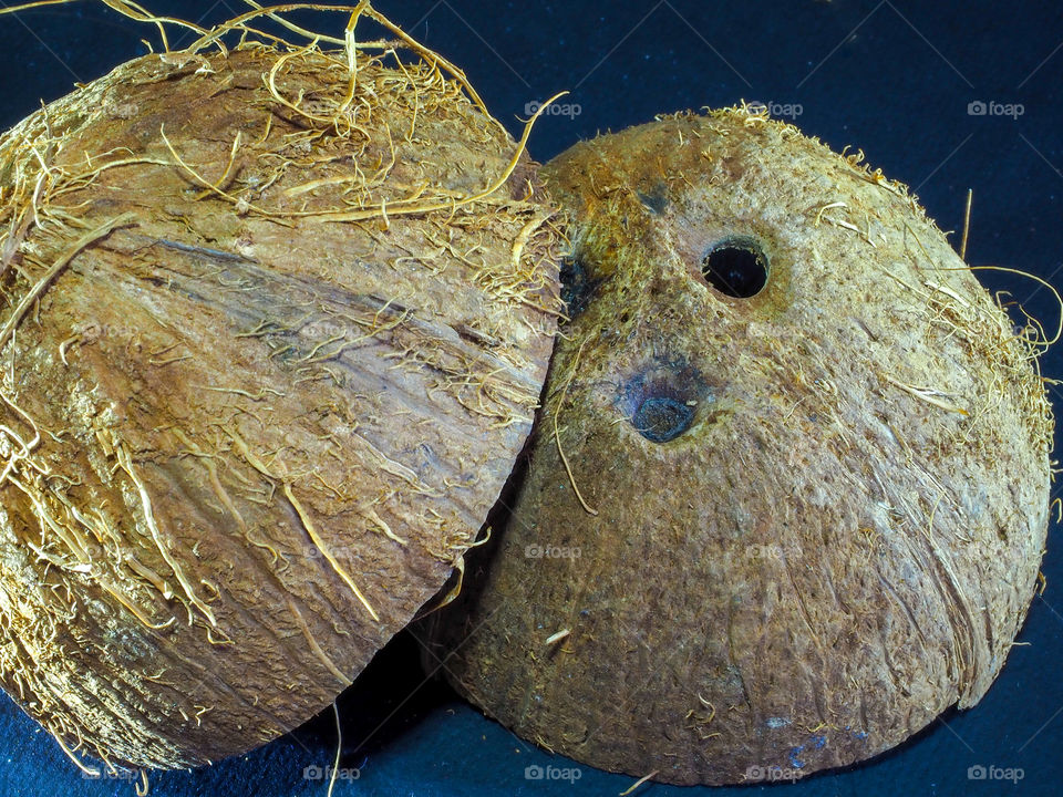 The shell of the chopped coconut dried and having an interesting structure lies on a dark background
