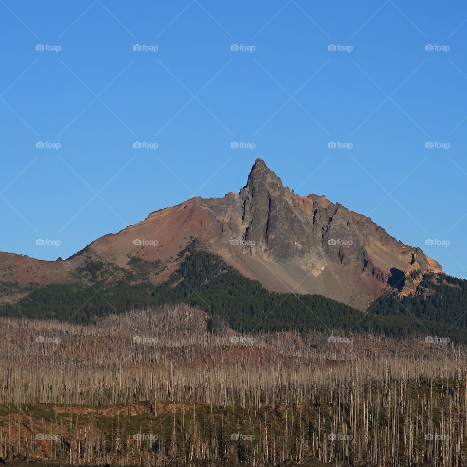 The jagged peak of Mt. Washington in Oregon’s Cascade Mountain Range on a sunny fall morning with clear blue skies. 