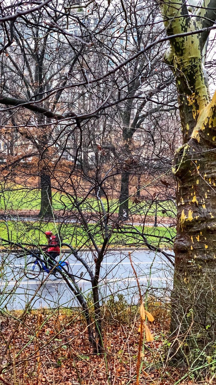 Biking in rainy day during winter.