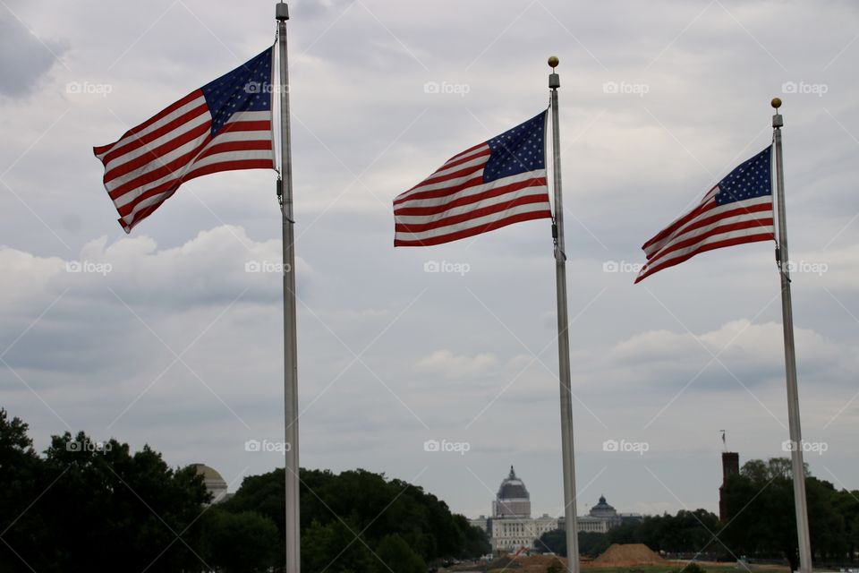 Several flags fly in front of capitol building under construction 