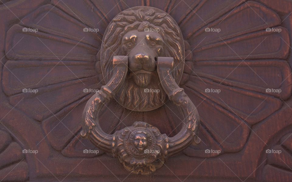 A Lion Head Knocker on  a mauve color entrance way door.