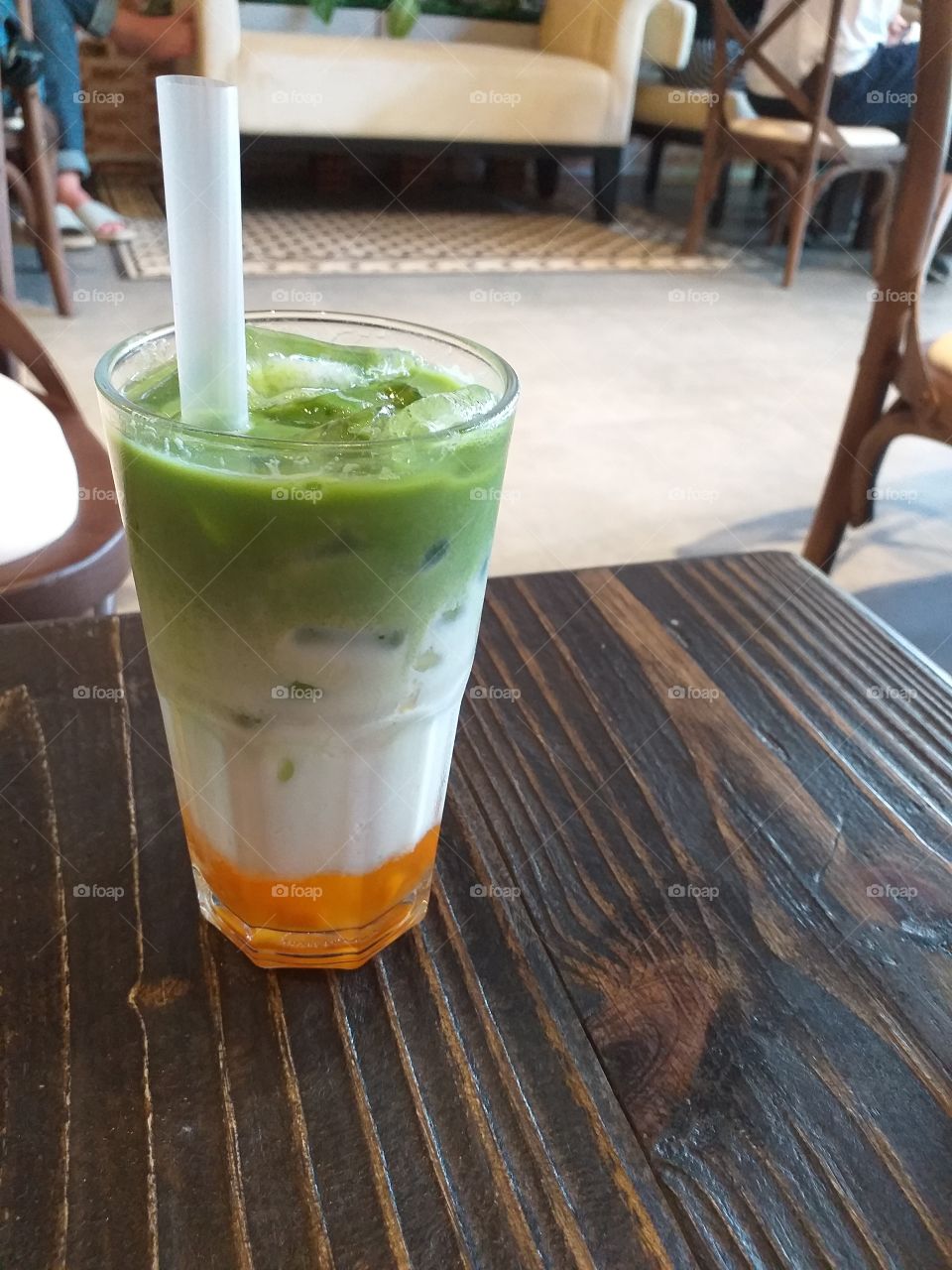 Matcha and mango smoothie.