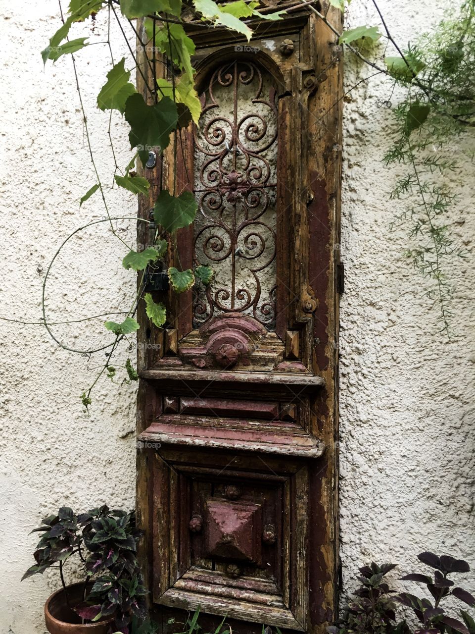 The vintage wooden door background. Antique door used as decoration in the garden. Old wooden door structure. 