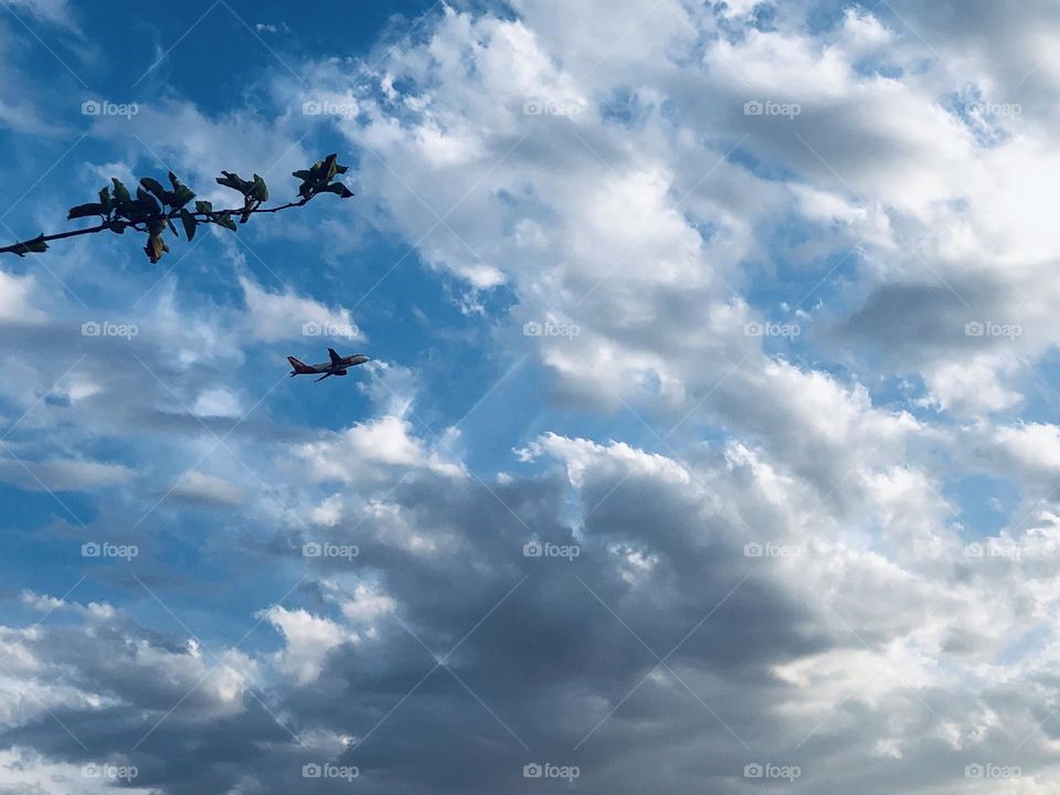 Flying airplane cross the foggy sky 