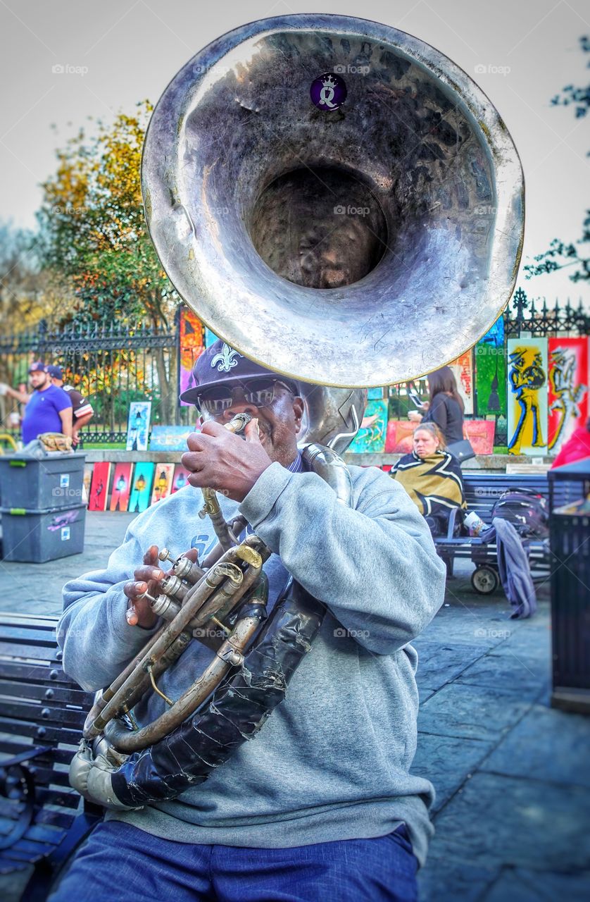 Trombonist enjoying the atmosphere at the French Quarter, New Orleans, Louisiana, USA.
