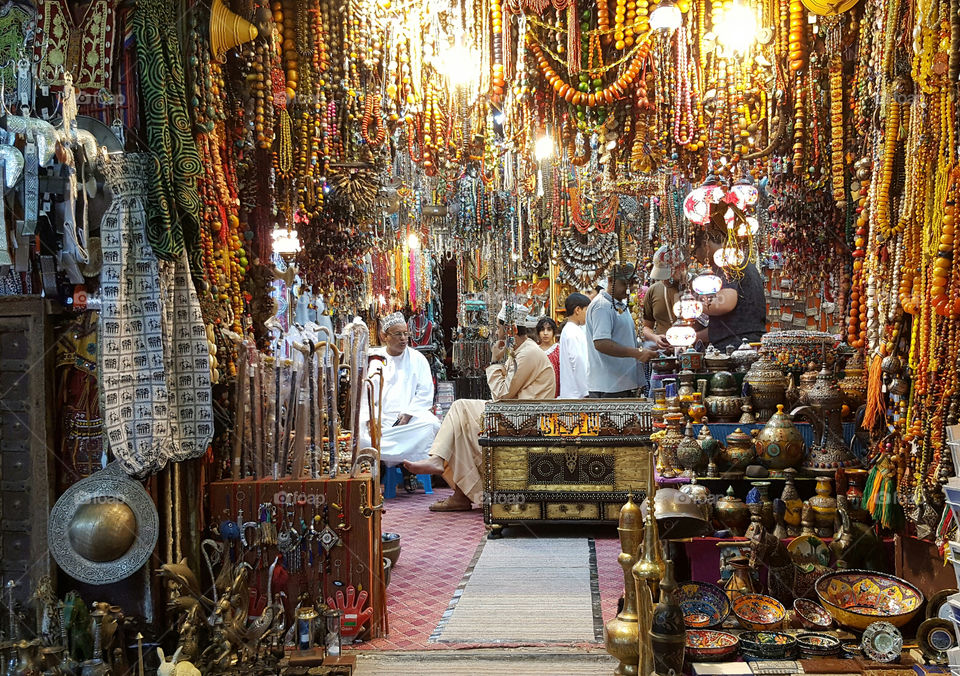A brightly lit shop in Muttrah souk in Muscat, Oman