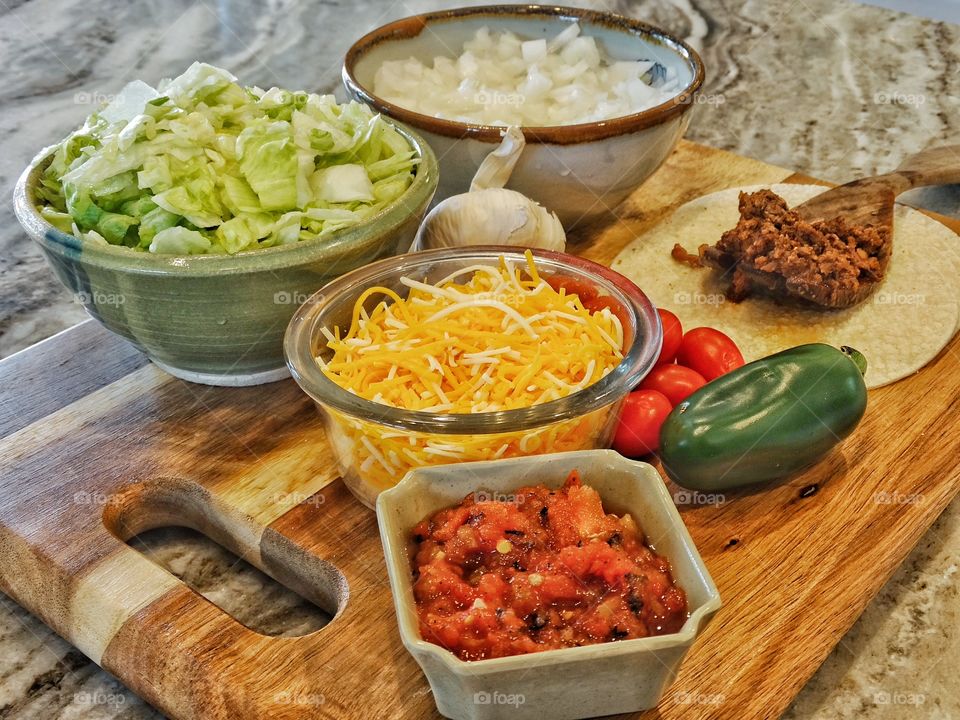 Making Tacos. Fresh Ingredients For A Taco Buffet
