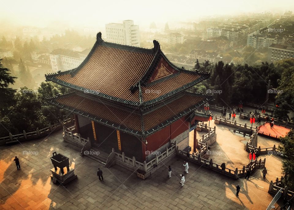 Areal view of an interesting temple in Nanjing.... early morning exercise going on too