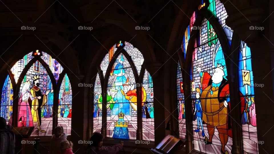 Disney land Paris / Euro Disneys
three of Sleeping beauty castles
stain glass window
(series available )
Sleeping Beauty Castle is the fairy tale structure castle at the center of Disneyland Park, Hong Kong Disneyland and Disneyland Paris. It is based on the late-19th century Neuschwanstein Castle in Bavaria, Germany,with some French inspirations (especially Notre Dame de Paris and the Hospices de Beaune).