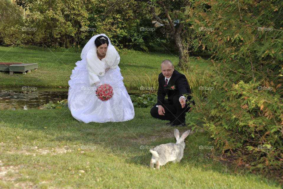 Bride and groom in park