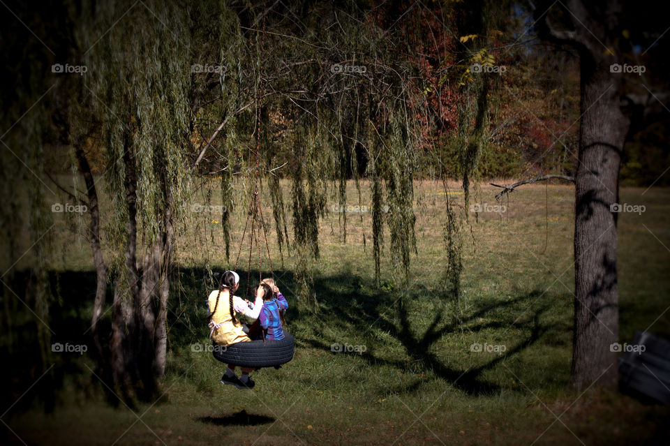 Some children playin and swinging on a tire swing hung from a weeping willow tree