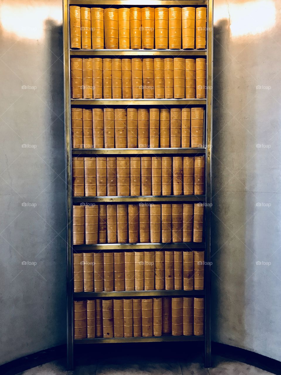 A metallic bookshelf with old books 