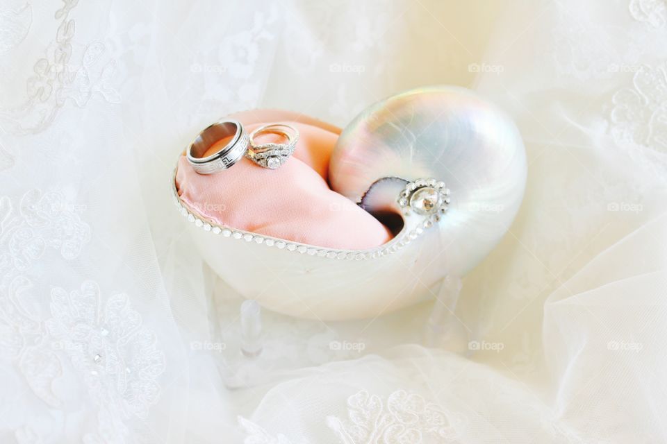 These are our gorgeous wedding rings on a shell ring holder 