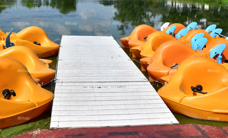 Paddle boats docked along a river