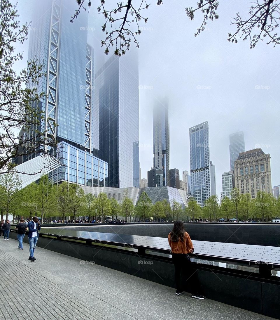 911 memorial on a foggy morning 