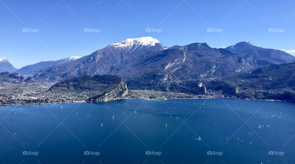 View of Riva del Garda seen from the upper part of Limone sul Garda. Trentino Alto Adige, Garda Lake. 