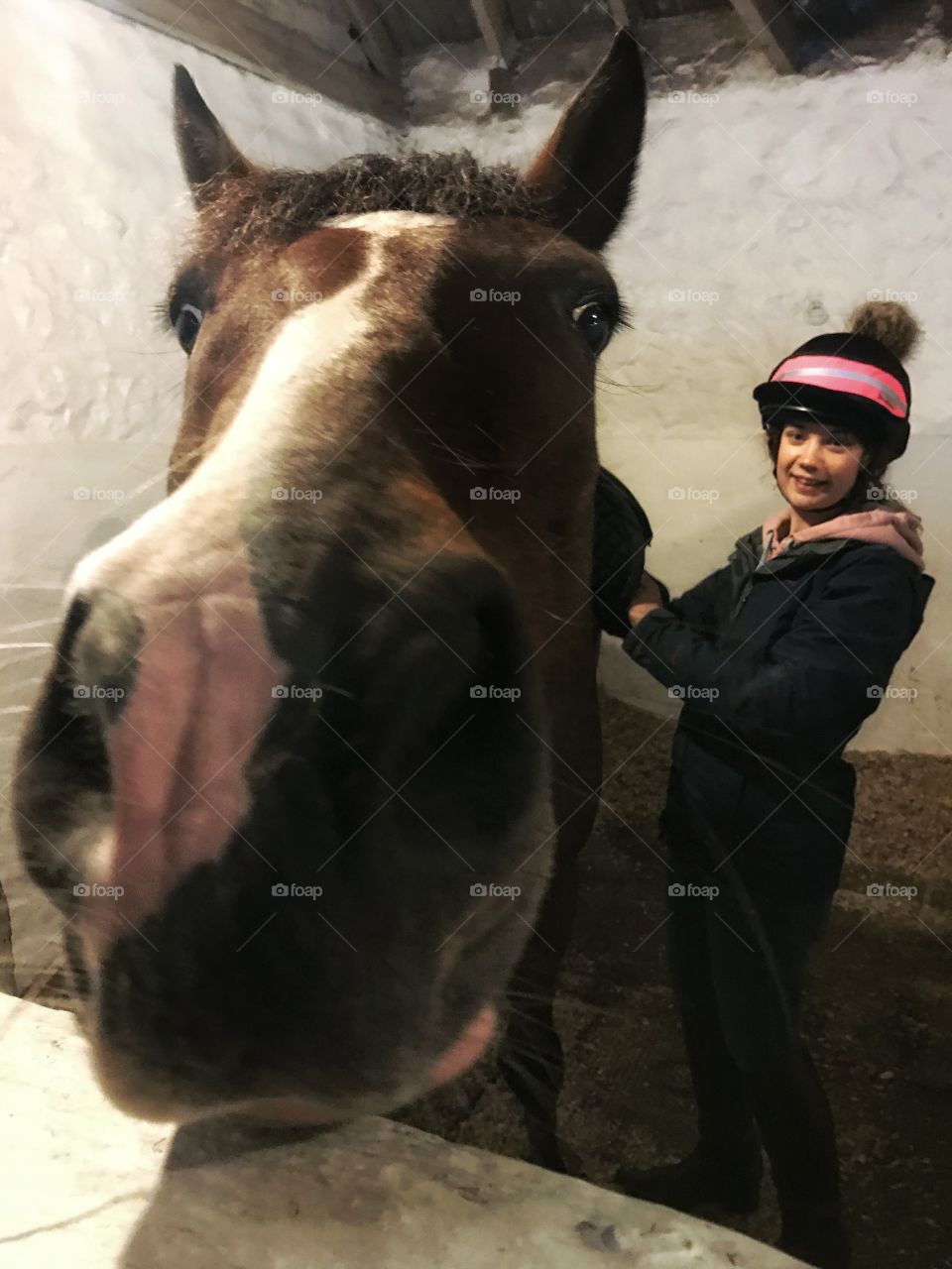 Close up horses nose with rider in background. 