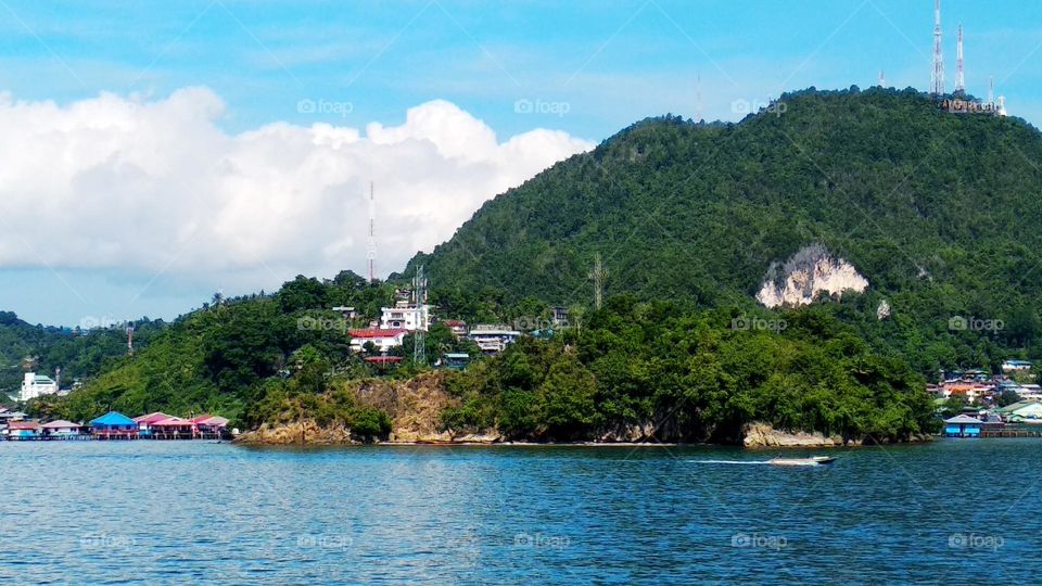 Beautiful landscape, view of Jayapura City seen from the sea, the beauty of eastern Indonesia.