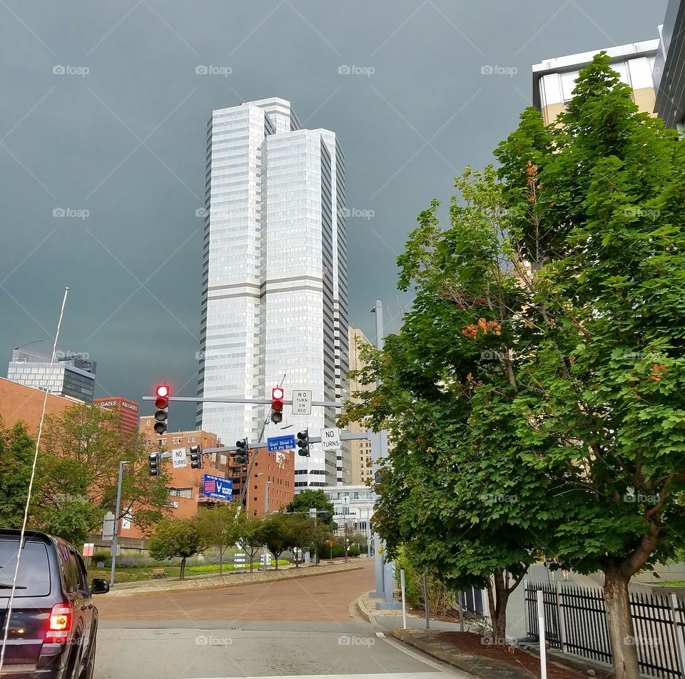 city of Pittsburgh with storm rolling in